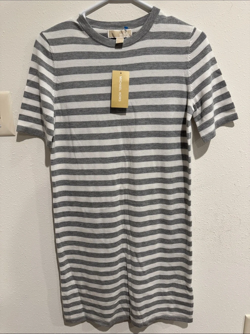 Michael Kors Gray and White Striped Short-Sleeve Crewneck TShirt Dress - XS NWT
